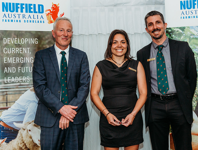 2023 FRDC Nuffield Scholar Joana Ferreira Mendes, with Nuffield Australia Chair Robert Bradley, and NT barramundi producer and 2016 scholar Daniel Richards.