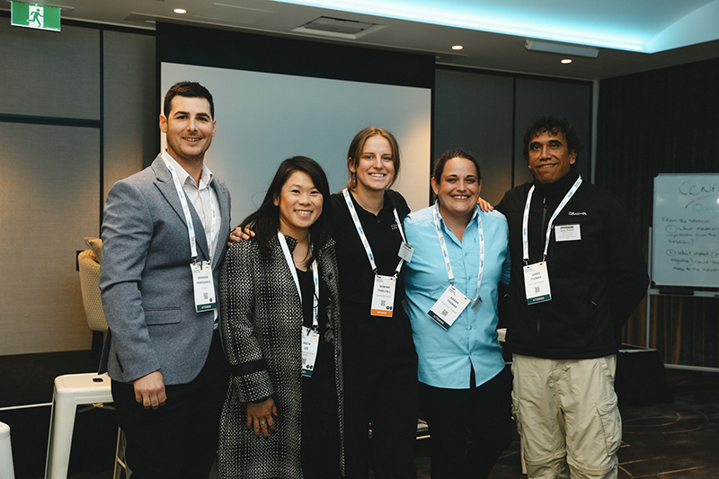 Alumni of the National Seafood Industry Leadership Program, supported by FRDC, spoke at a panel session about how more young people can be encouraged to pursue careers in fisheries and aquaculture. From left: Brandon Panebianco of Ornatas, Anita Lee of Marine Stewardship Council, Siobahn Threlfall of Ocean Watch Australia, Sarah Thomas and James Thomas, both of South Coast Seaweed. Siobahn was awarded as Young Achiever in the Seafood Industry Awards.