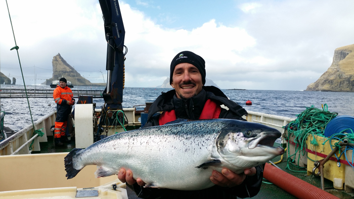 Dan Richards holding an Atlantic Salmon while visiting a farm in the Faroe Islands.