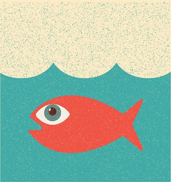 Illustration of orange fish with large eye in aqua-blue water