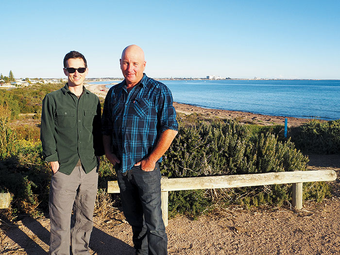 Photo of Joshua Stoll with Craig Fletcher, who fishes in the Marine Scalefish Fishery off Wallaroo, SA. 