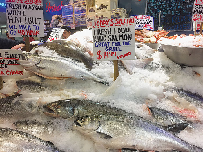 Photo of fish on ice at Pike Place Market, Seattle, US