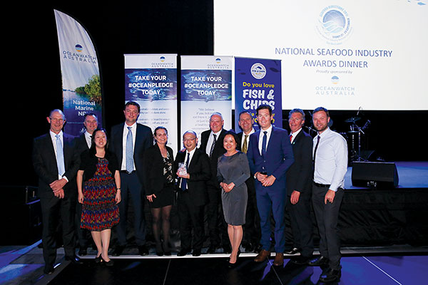 Photo of The team from Austral Fisheries (left to right): David Carter, Dylan Skinns, Camay Young,  Sam Greaves, Jodie Blacker, Shin Tanabe, Clayton Nelson, Lily Zhang, Markus Gerlich, Sam Colvin,  Martin Exel and Jay Shoesmith, celebrating their win