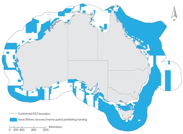 Map showing the continental EEZ boundary and areas (blue) prohibiting trawling.