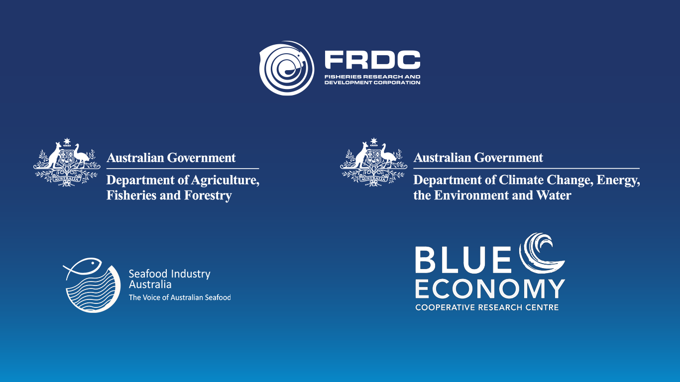 Project partners include FRDC, Seafood Industry Australia, Blue Economy Cooperative Research Centre, the Department of Agriculture Fisheries and Forestry, and the Department of Climate Change, Energy, the Environment and Water  