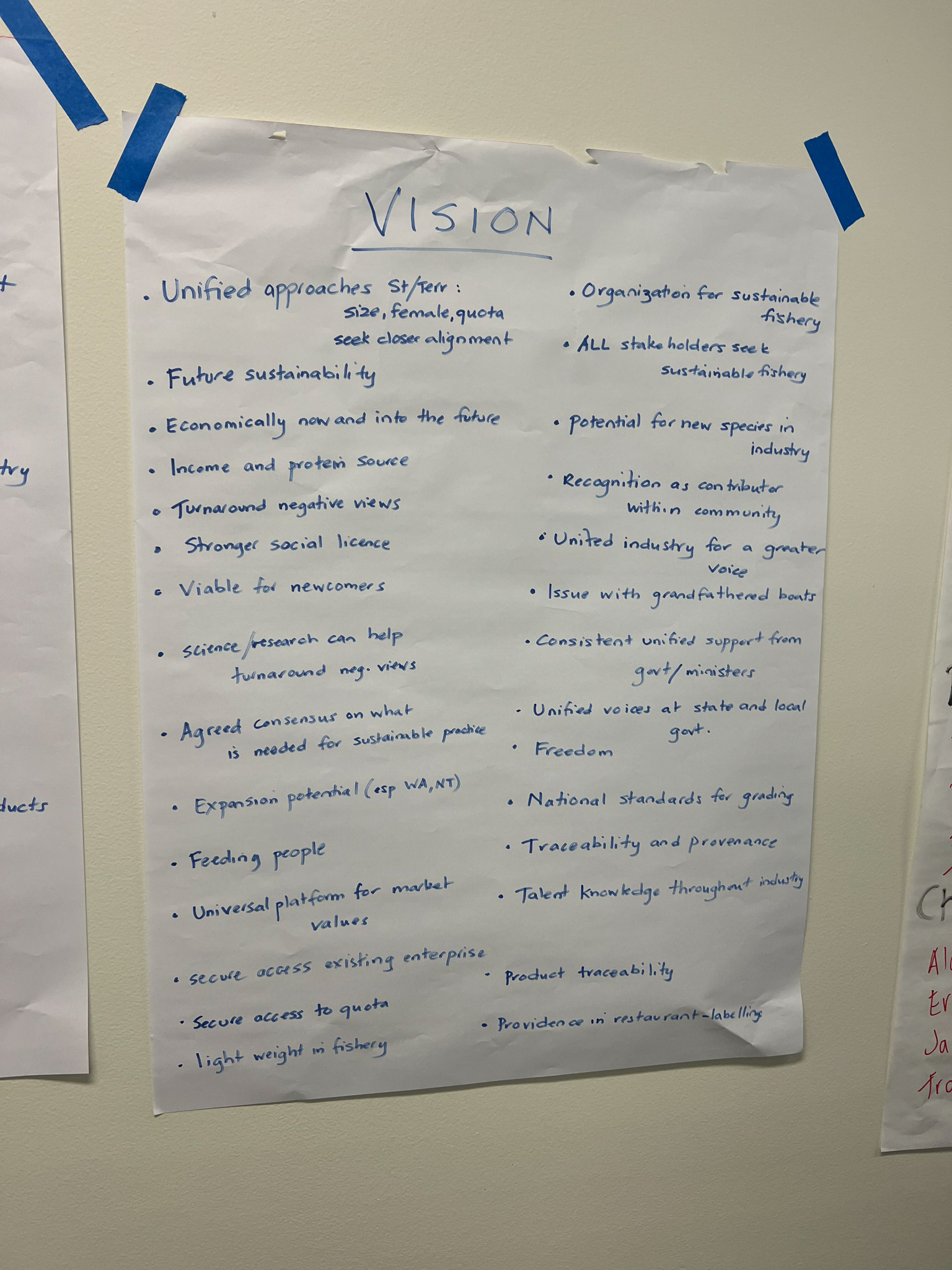 Workshop participants brainstormed the values to be included in the mud crab industry development strategy