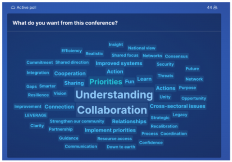 Sli.do’s live feedback screen, showing users similarities in answers using a ‘word-cloud’ format. The bigger the word – the more users had generated that answer.