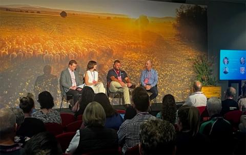 Photo of speakers discussed how Australia’s first carbon-neutral fashion brand (M.J. Bale), partnered with Sea Forest, an environmental technology company based in Tasmania, to further decarbonise their clothing manufacturing operation.